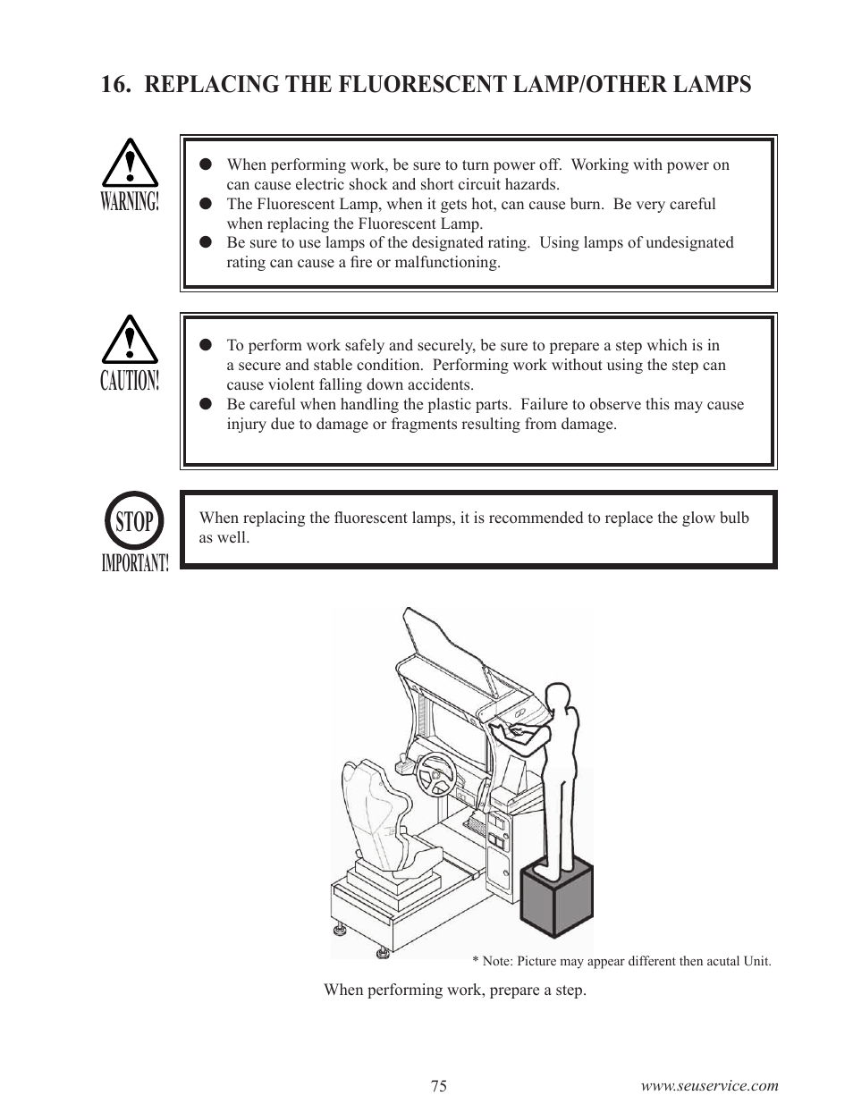 Caution, Stop, Warning | Important, Replacing the fluorescent lamp/other lamps | Sega INITIAL "D" TYPE TWIN. User Manual | Page 83 / 124