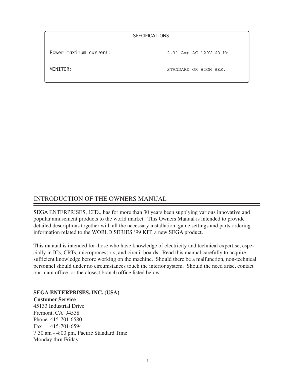 Introduction of the owners manual | Sega WORLD SERIES '99 User Manual | Page 4 / 25