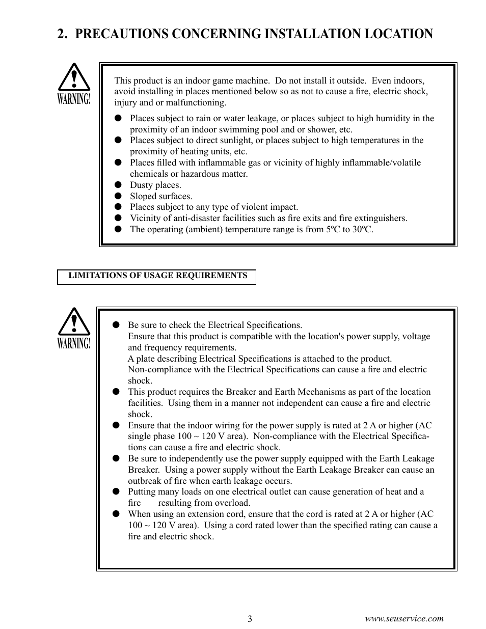 Warning, Precautions concerning installation location | Sega CRAZY TAXI 999-1618 User Manual | Page 11 / 46