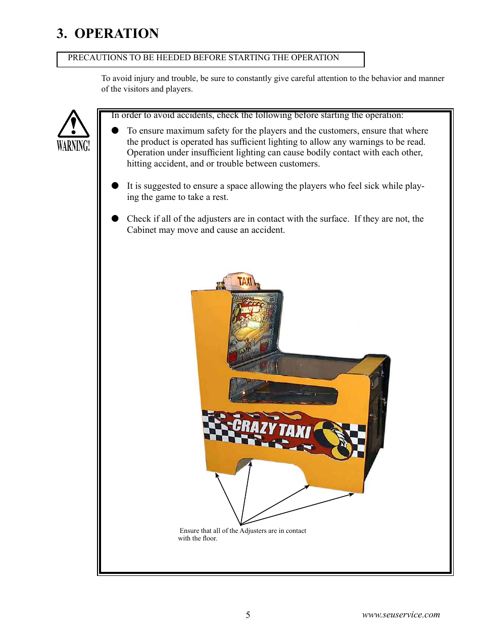 Warning, Operation | Sega CRAZY TAXI 999-1618 User Manual | Page 13 / 46