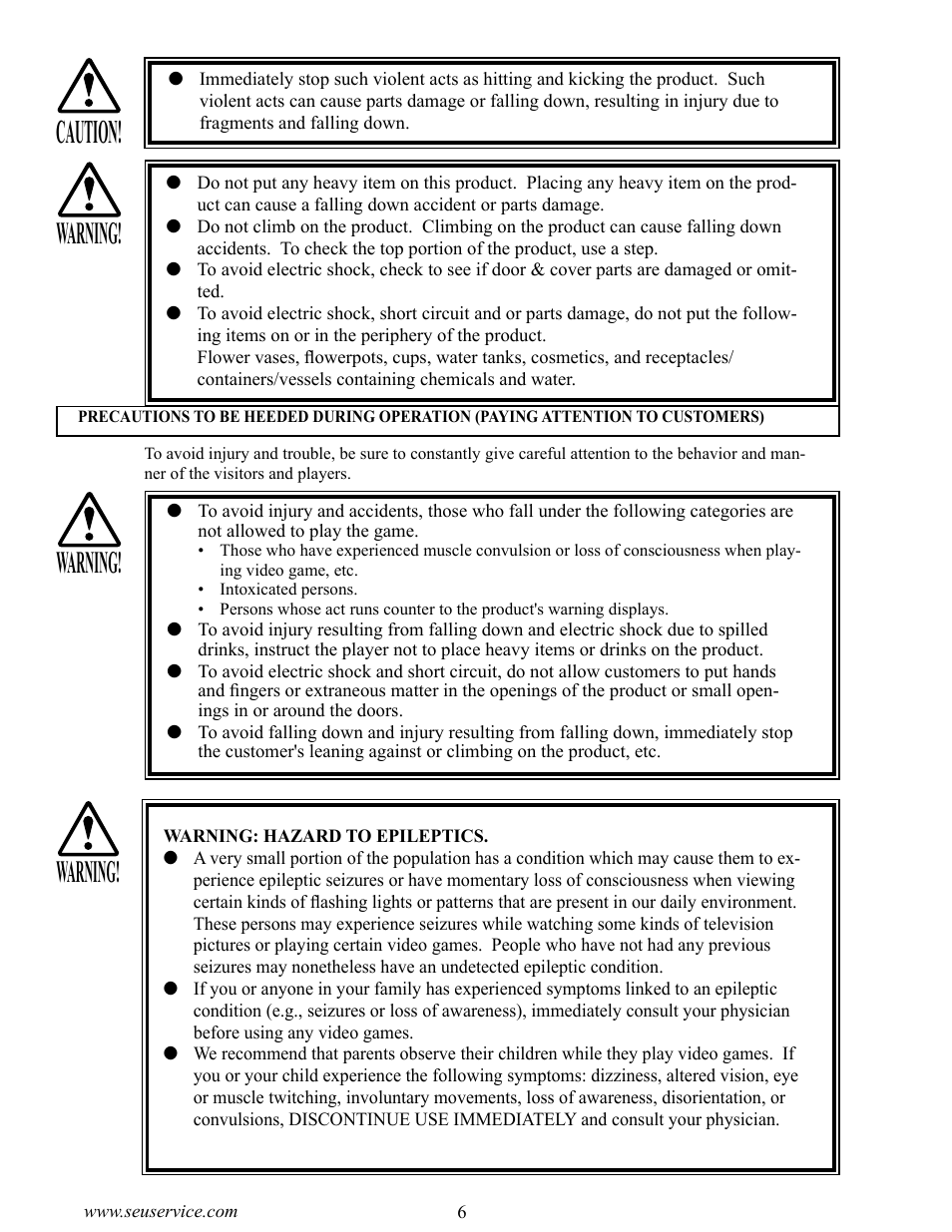 Caution, Warning | Sega CRAZY TAXI 999-1618 User Manual | Page 14 / 46