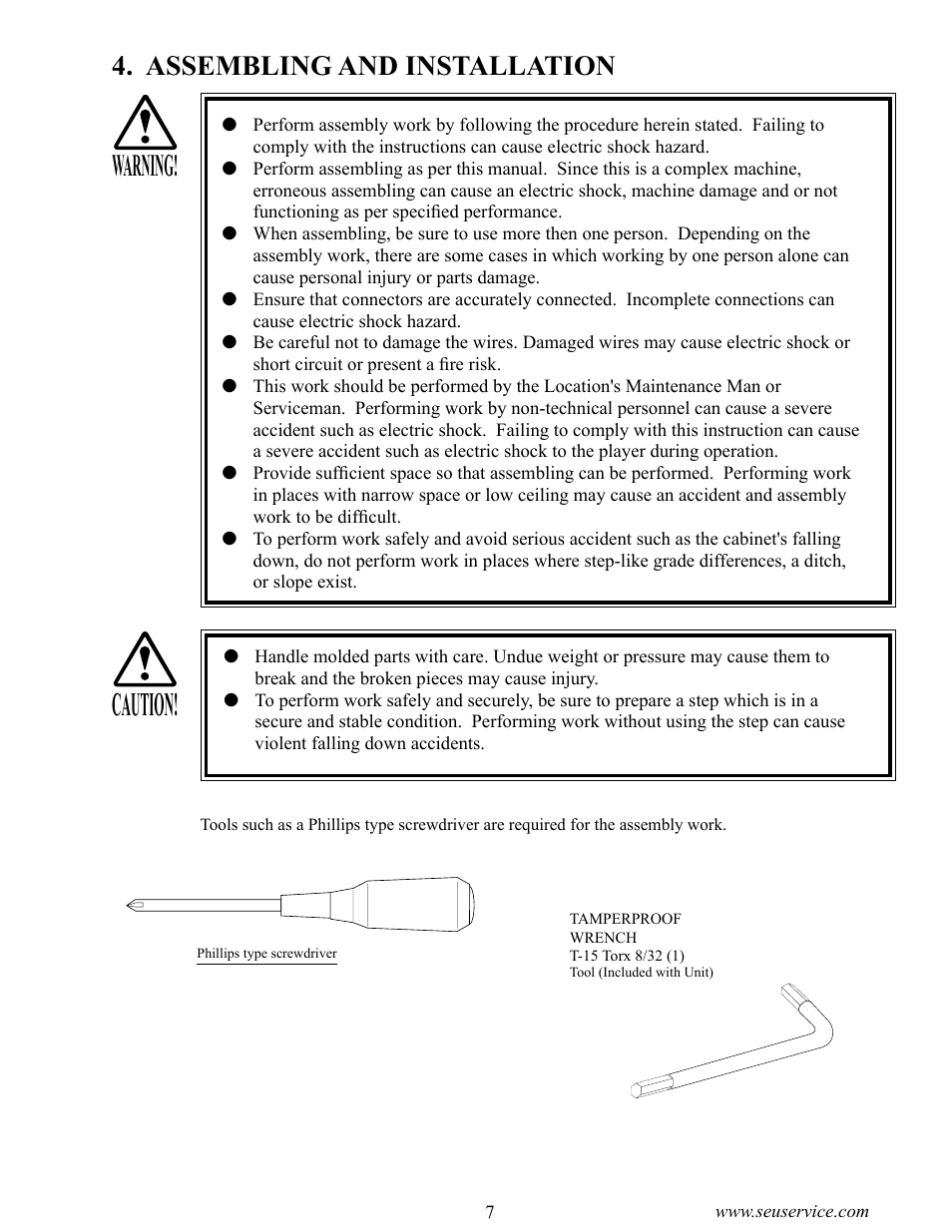 Caution, Warning, Assembling and installation | Sega CRAZY TAXI 999-1618 User Manual | Page 15 / 46