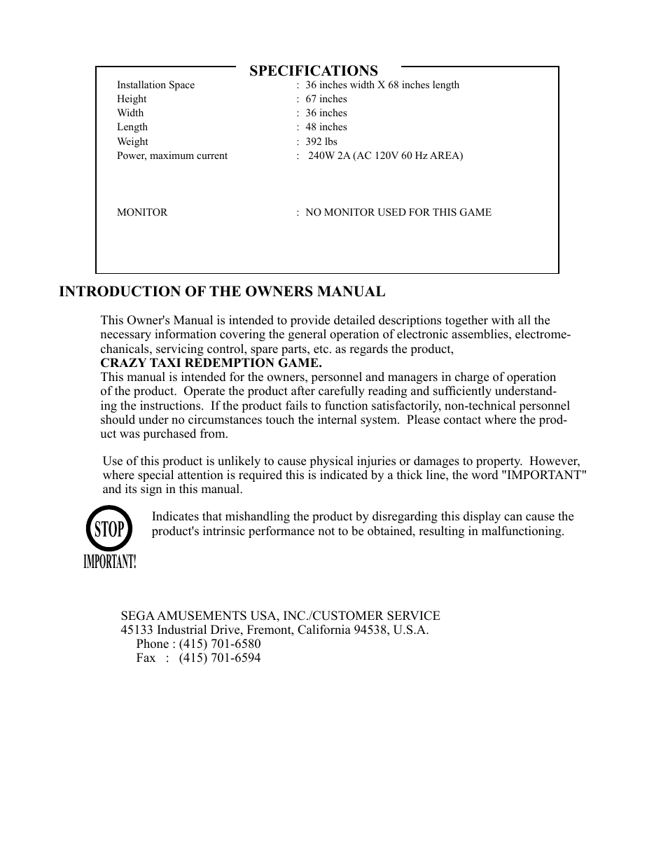 Stop, Important | Sega CRAZY TAXI 999-1618 User Manual | Page 6 / 46