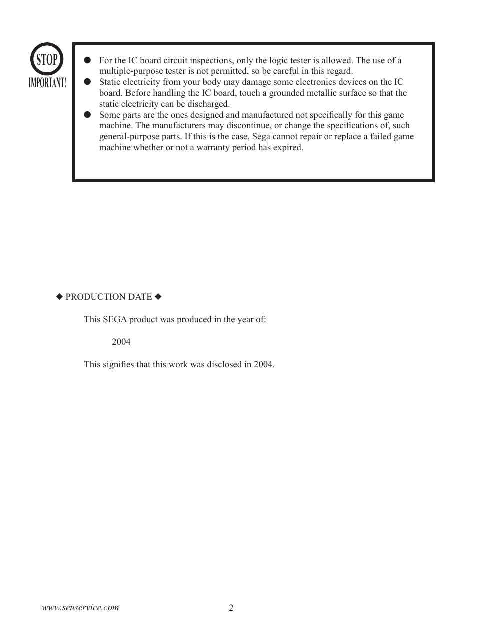 Stop, Important | Sega GAME SHOW User Manual | Page 10 / 34