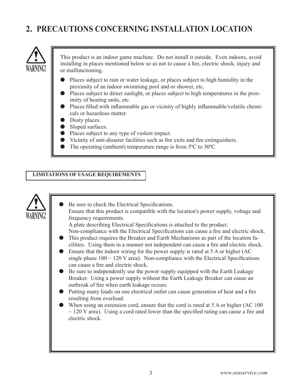 Warning, Precautions concerning installation location | Sega GAME SHOW User Manual | Page 11 / 34