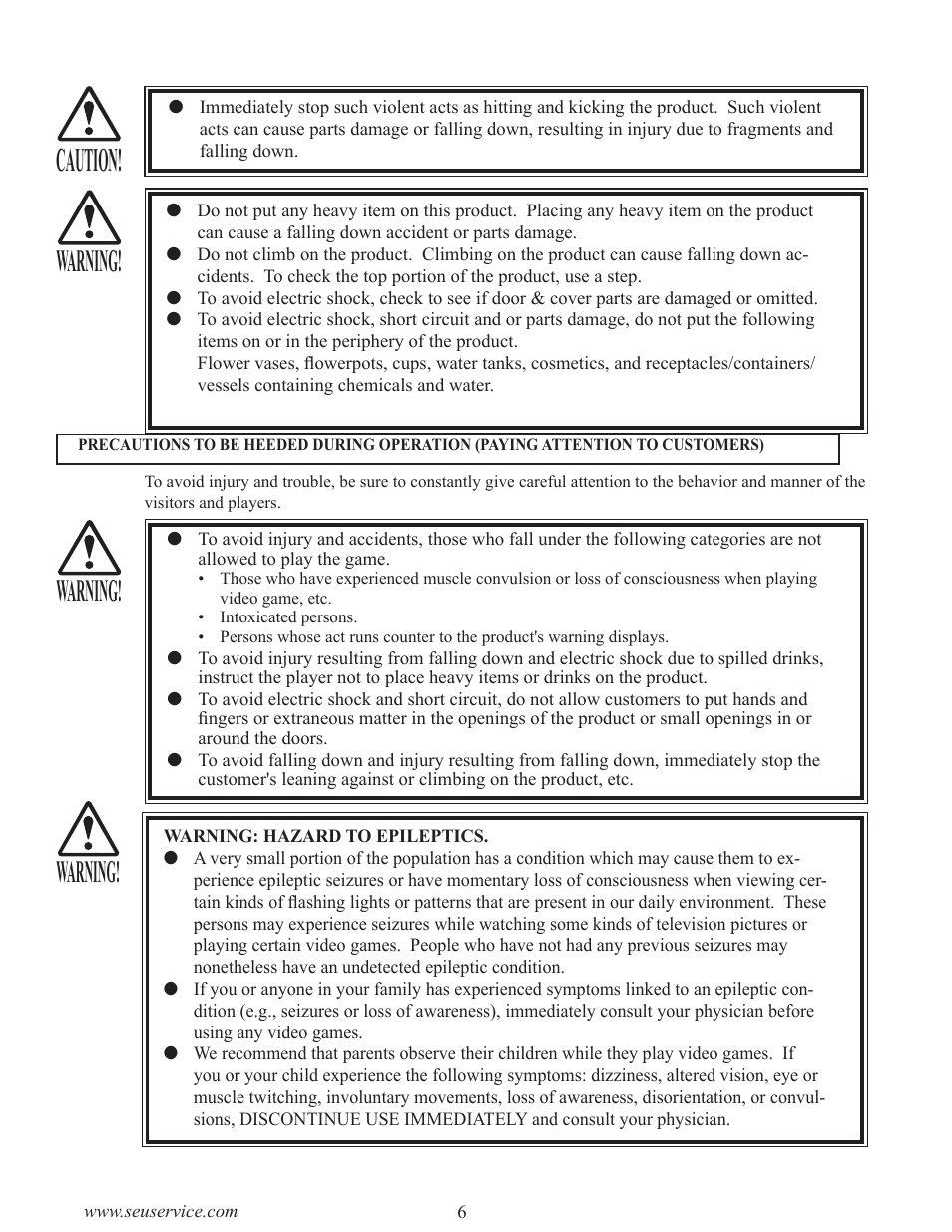 Caution, Warning | Sega GAME SHOW User Manual | Page 14 / 34