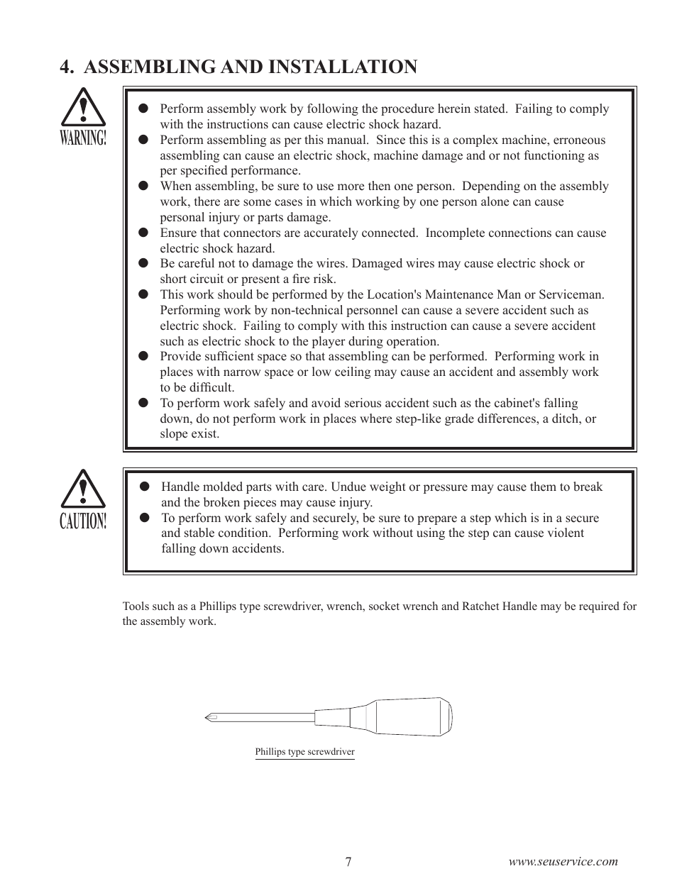 Caution, Warning, Assembling and installation | Sega GAME SHOW User Manual | Page 15 / 34
