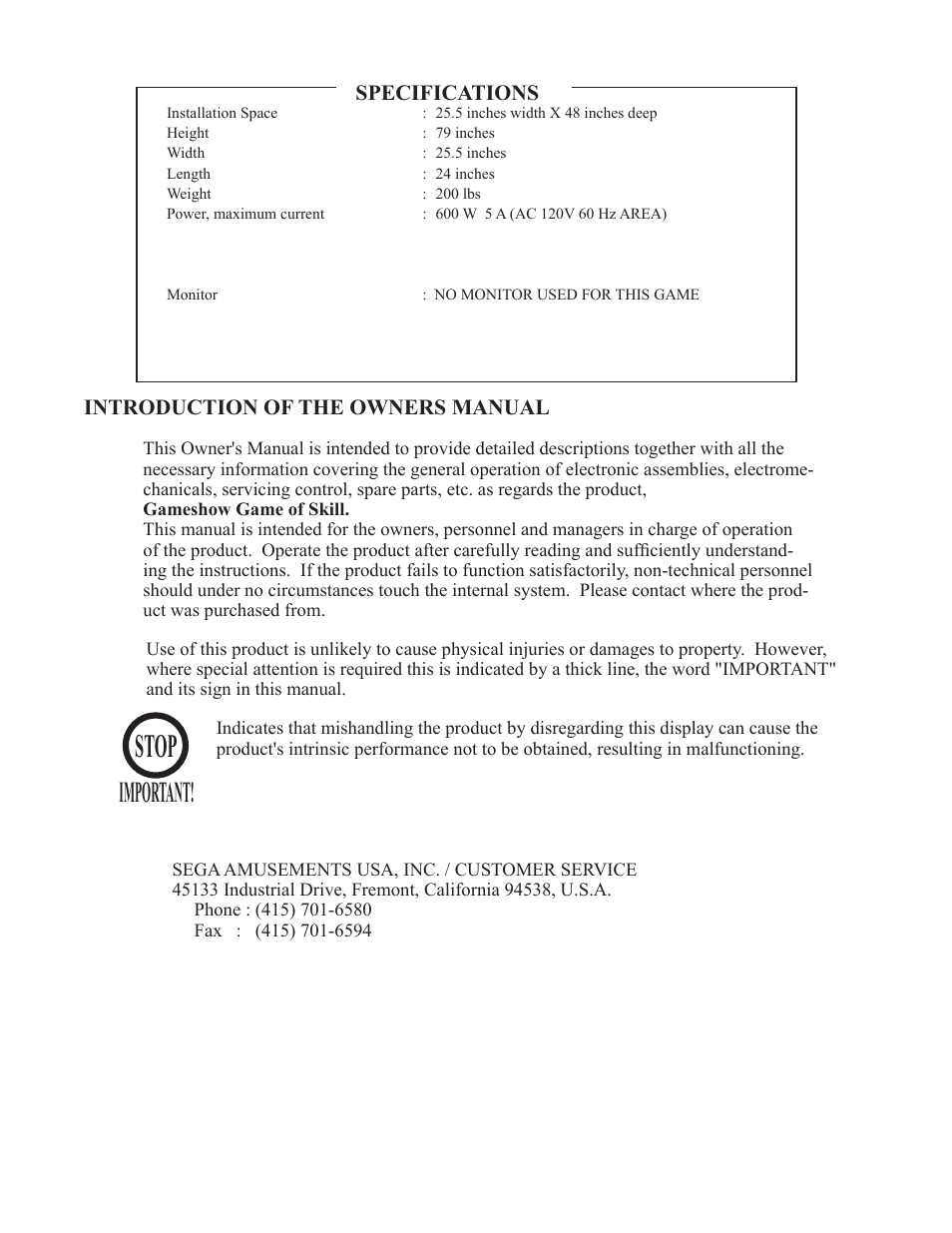 Stop, Important | Sega GAME SHOW User Manual | Page 6 / 34