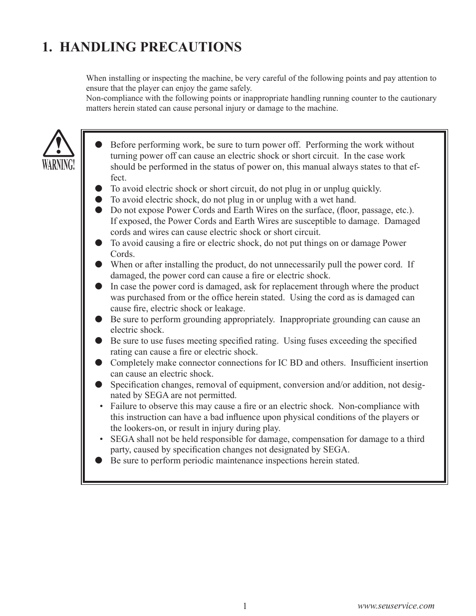 Warning, Handling precautions | Sega GAME SHOW User Manual | Page 9 / 34