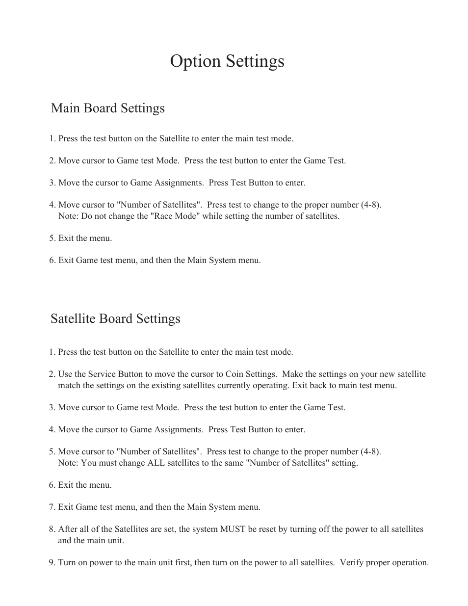 Option settings, Satellite board settings, Main board settings | Sega Satellite TV System User Manual | Page 13 / 14