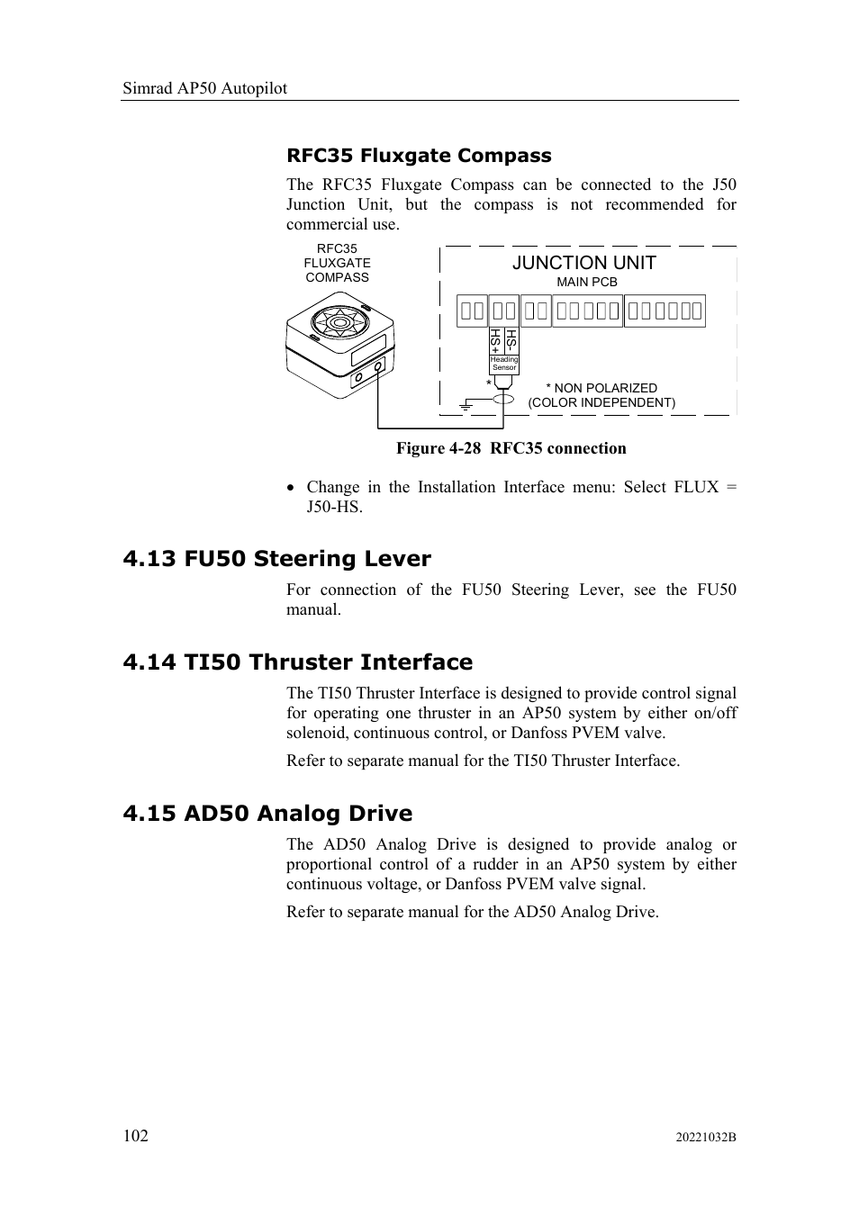 Rfc35 fluxgate compass, Fu50 steering lever, Ti50 thruster interface | Ad50 analog drive, 13 fu50 steering lever, 14 ti50 thruster interface, 15 ad50 analog drive | Simrad AUTOPILOT SYSTEM AP50 User Manual | Page 104 / 188