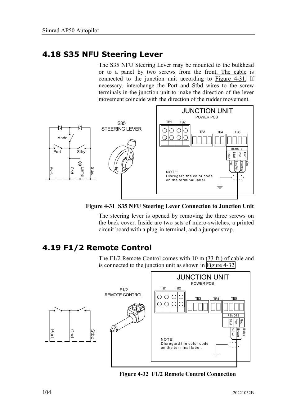 S35 nfu steering lever, F1/2 remote control, 18 s35 nfu steering lever 4.19 f1/2 remote control | 18 s35 nfu steering lever, 19 f1/2 remote control, Junction unit | Simrad AUTOPILOT SYSTEM AP50 User Manual | Page 106 / 188