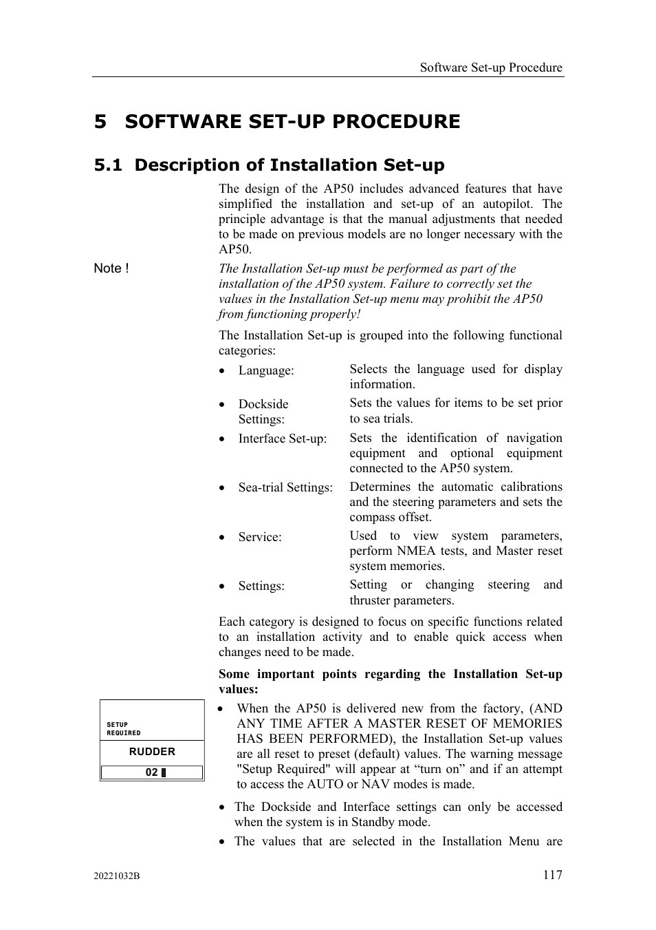 Software set-up procedure, Description of installation set-up, 5 software set-up procedure | 1 description of installation set-up | Simrad AUTOPILOT SYSTEM AP50 User Manual | Page 119 / 188