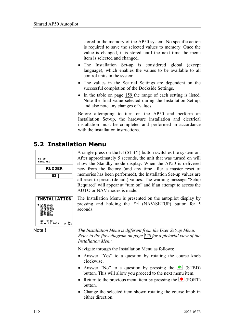 Installation menu, 2 installation, Menu | 2 installation menu | Simrad AUTOPILOT SYSTEM AP50 User Manual | Page 120 / 188