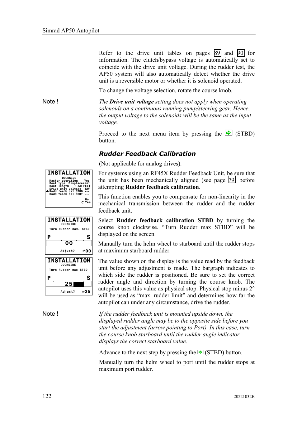 Rudder feedback calibration | Simrad AUTOPILOT SYSTEM AP50 User Manual | Page 124 / 188