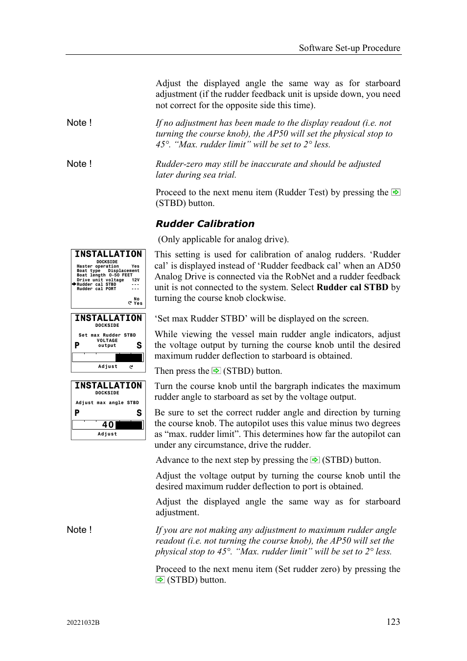 Rudder calibration, Software set-up procedure | Simrad AUTOPILOT SYSTEM AP50 User Manual | Page 125 / 188