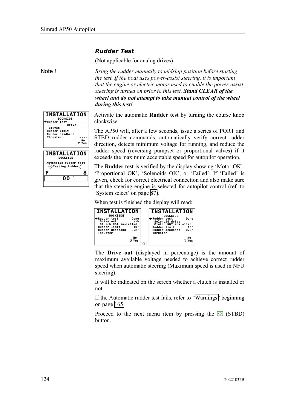 Rudder test, 00 p s | Simrad AUTOPILOT SYSTEM AP50 User Manual | Page 126 / 188