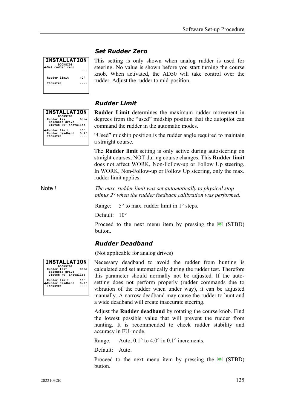 Set rudder zero rudder limit rudder deadband, Software set-up procedure, 125 set rudder zero | Simrad AUTOPILOT SYSTEM AP50 User Manual | Page 127 / 188