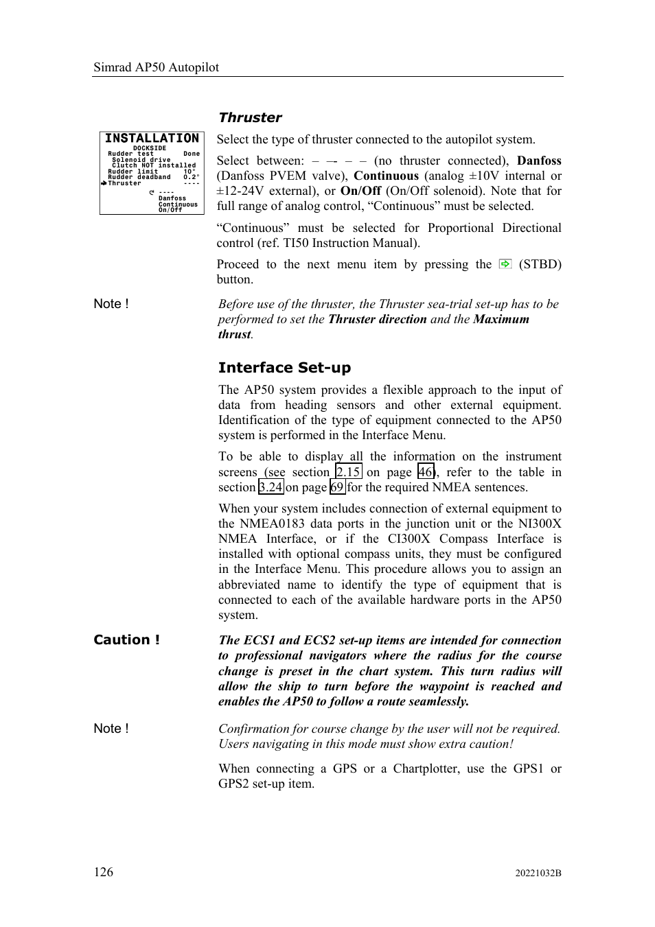 Interface set-up, Thruster | Simrad AUTOPILOT SYSTEM AP50 User Manual | Page 128 / 188