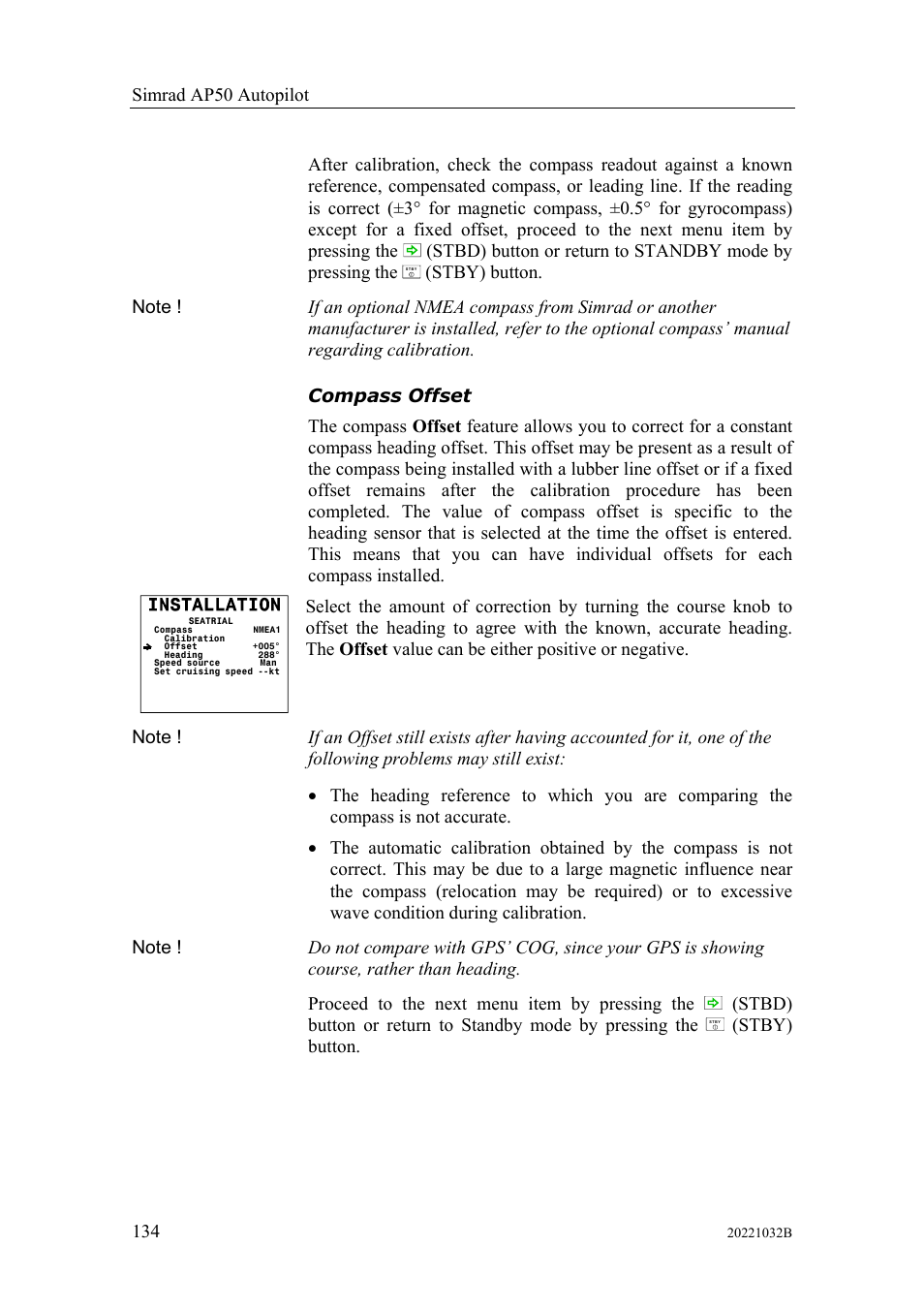 Compass offset, Stby) button | Simrad AUTOPILOT SYSTEM AP50 User Manual | Page 136 / 188