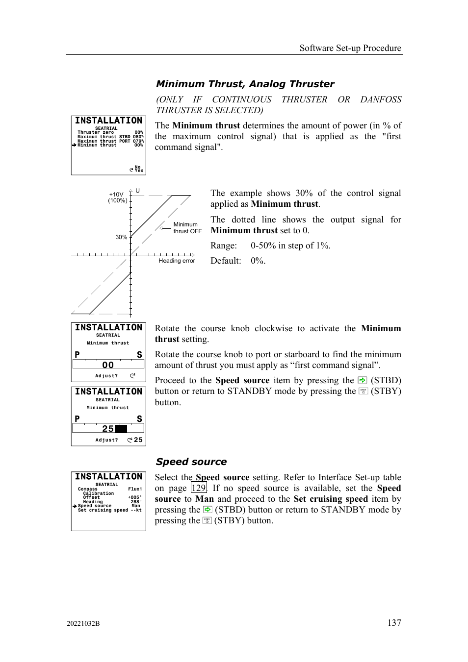 Minimum thrust, analog thruster speed source, Software set-up procedure, Stby) button. speed source | Stby) button | Simrad AUTOPILOT SYSTEM AP50 User Manual | Page 139 / 188