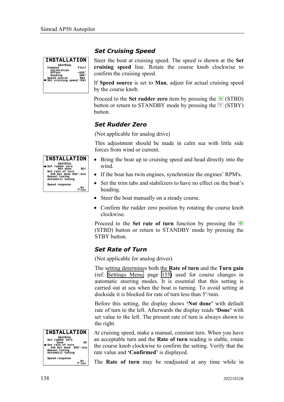 Set cruising speed | Simrad AUTOPILOT SYSTEM AP50 User Manual | Page 140 / 188