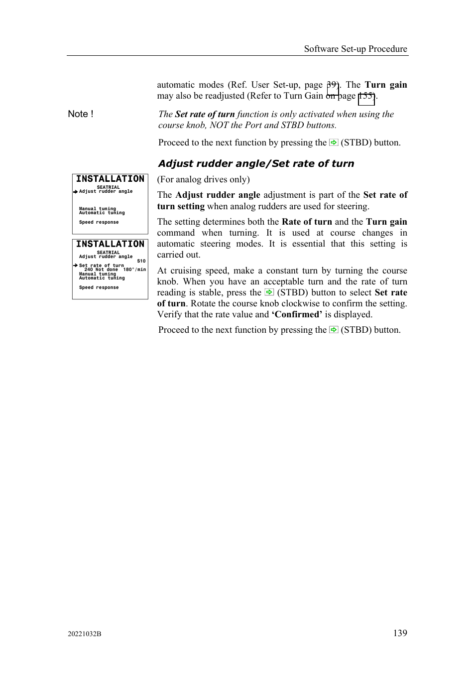 Adjust rudder angle/set rate of turn, Software set-up procedure | Simrad AUTOPILOT SYSTEM AP50 User Manual | Page 141 / 188