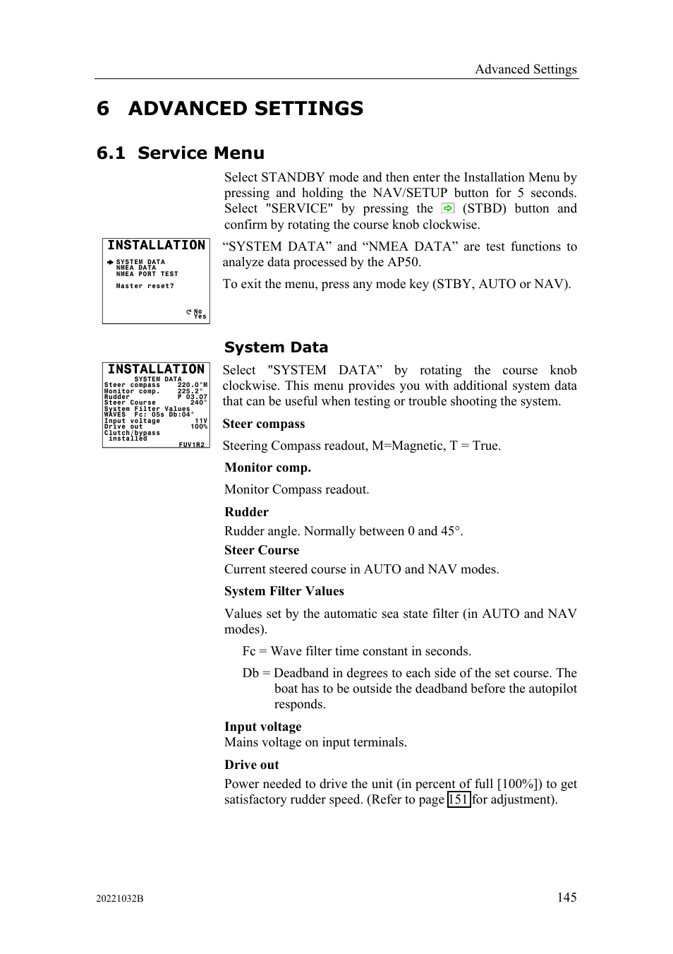 Advanced settings, Service menu, System data | Advanced settings 6.1 service, Menu, 6 advanced settings, 1 service menu | Simrad AUTOPILOT SYSTEM AP50 User Manual | Page 147 / 188