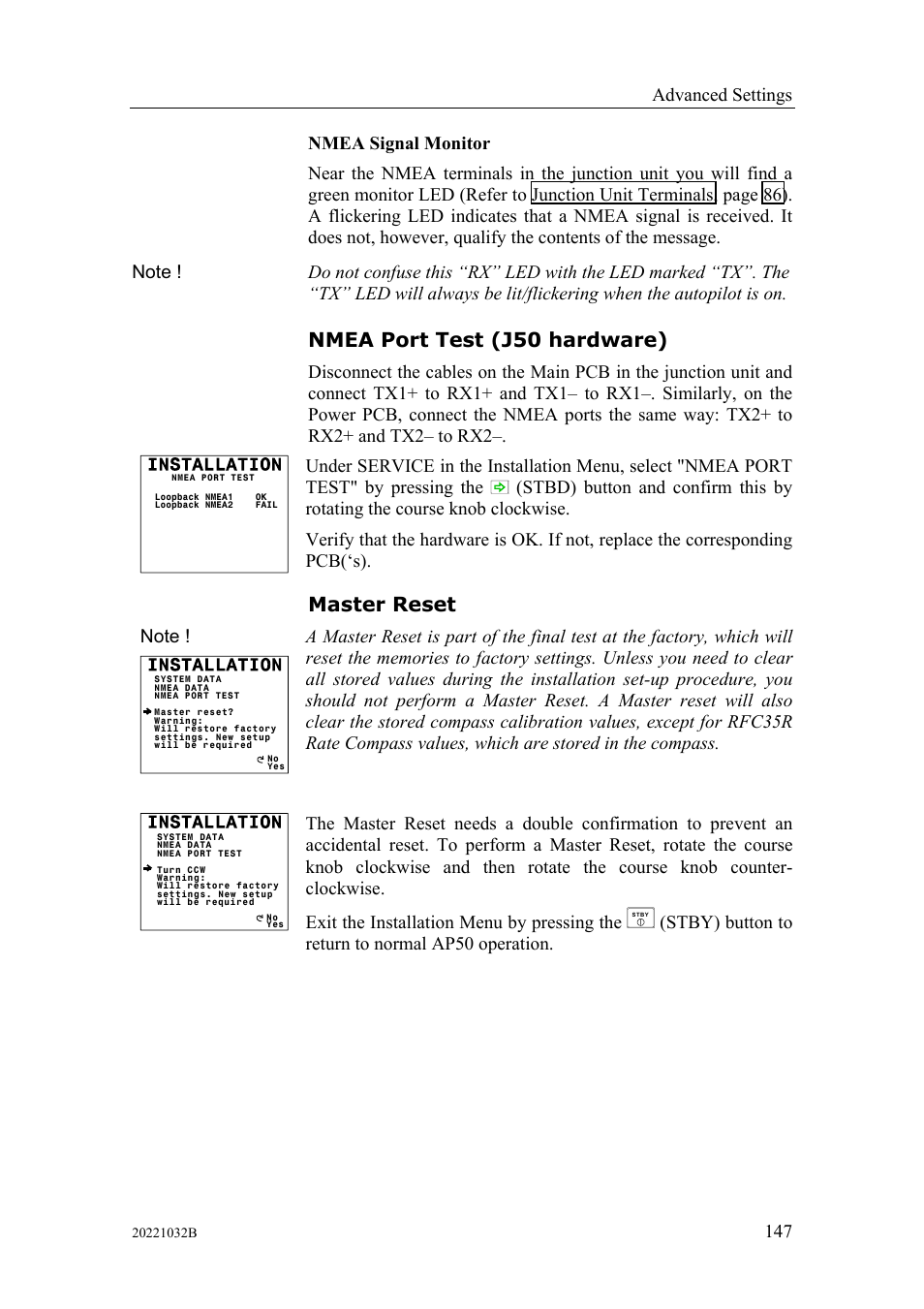 Nmea port test (j50 hardware), Master reset, Nmea port test (j50 hardware) master reset | Advanced settings, Stby) button to return to normal ap50 operation | Simrad AUTOPILOT SYSTEM AP50 User Manual | Page 149 / 188