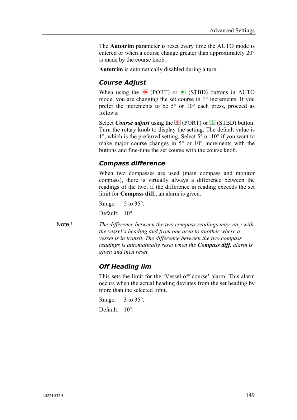 Course adjust compass difference off heading lim | Simrad AUTOPILOT SYSTEM AP50 User Manual | Page 151 / 188