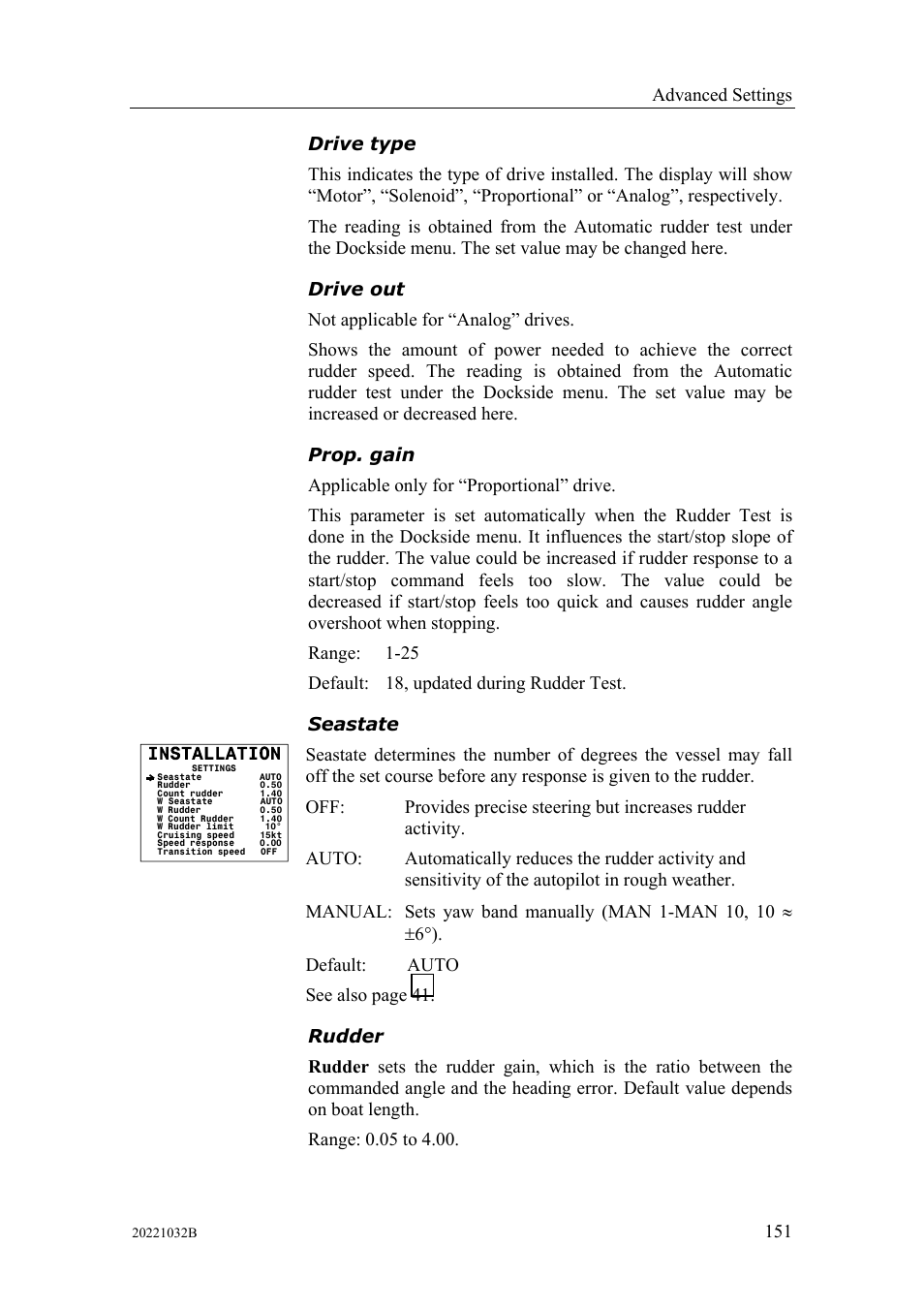 Drive type drive out prop. gain seastate rudder, Advanced settings | Simrad AUTOPILOT SYSTEM AP50 User Manual | Page 153 / 188