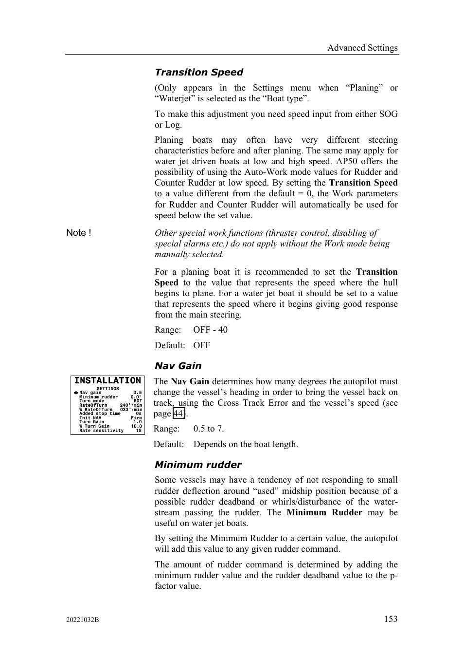 Transition speed nav gain minimum rudder, Advanced settings | Simrad AUTOPILOT SYSTEM AP50 User Manual | Page 155 / 188