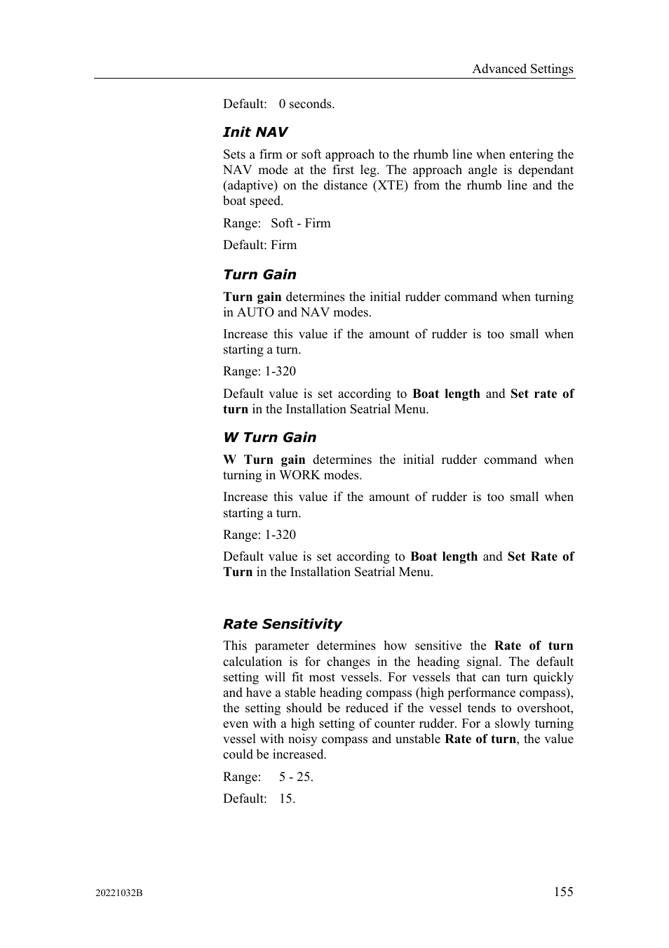 Init nav turn gain w turn gain rate sensitivity | Simrad AUTOPILOT SYSTEM AP50 User Manual | Page 157 / 188