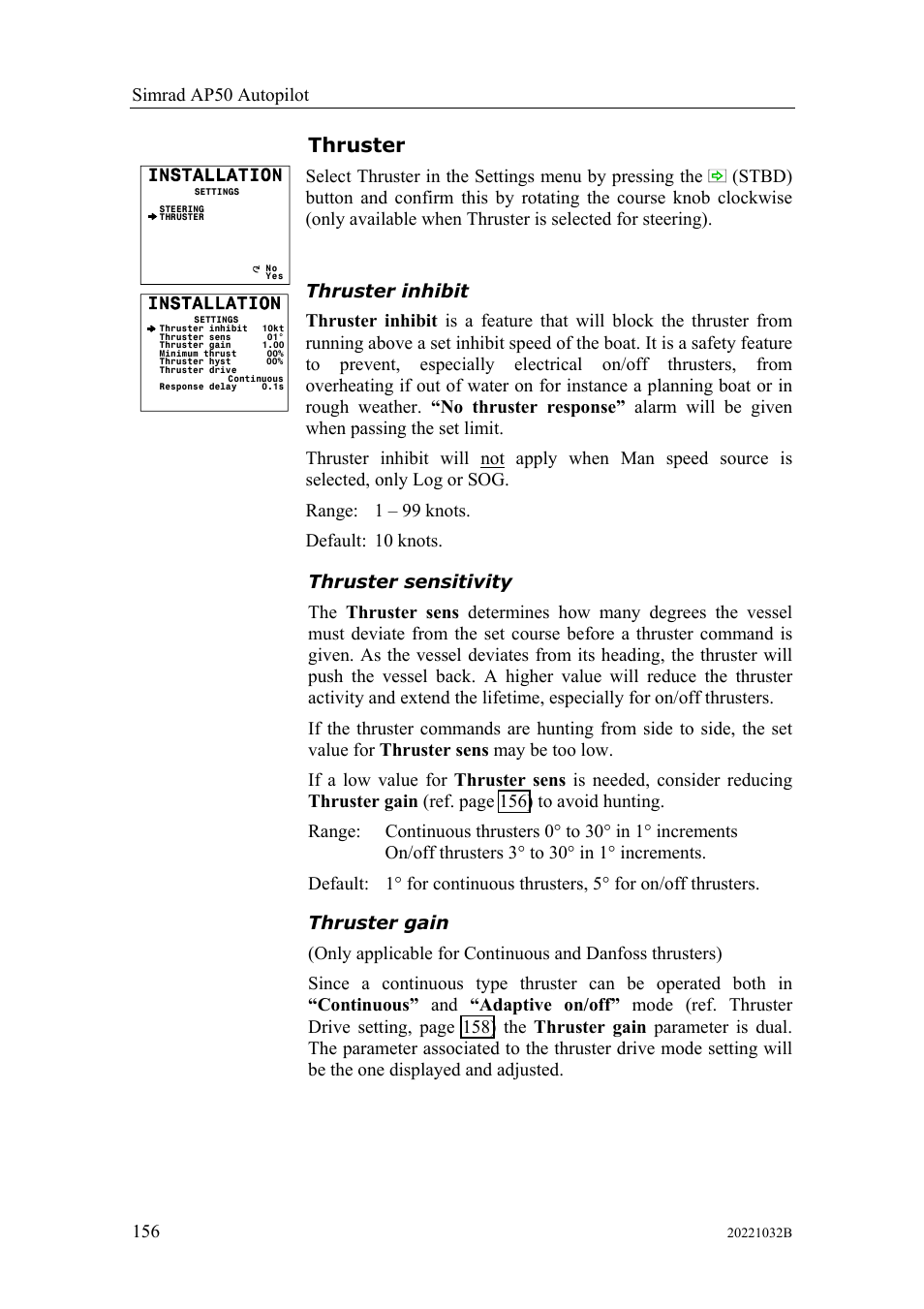 Thruster | Simrad AUTOPILOT SYSTEM AP50 User Manual | Page 158 / 188