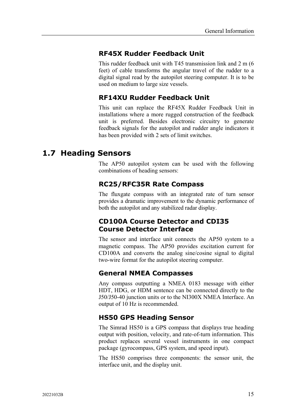 Rf45x rudder feedback unit, Rf14xu rudder feedback unit, Heading sensors | Rc25/rfc35r rate compass, General nmea compasses, Hs50 gps heading sensor, 7 heading, Sensors, 7 heading sensors | Simrad AUTOPILOT SYSTEM AP50 User Manual | Page 17 / 188