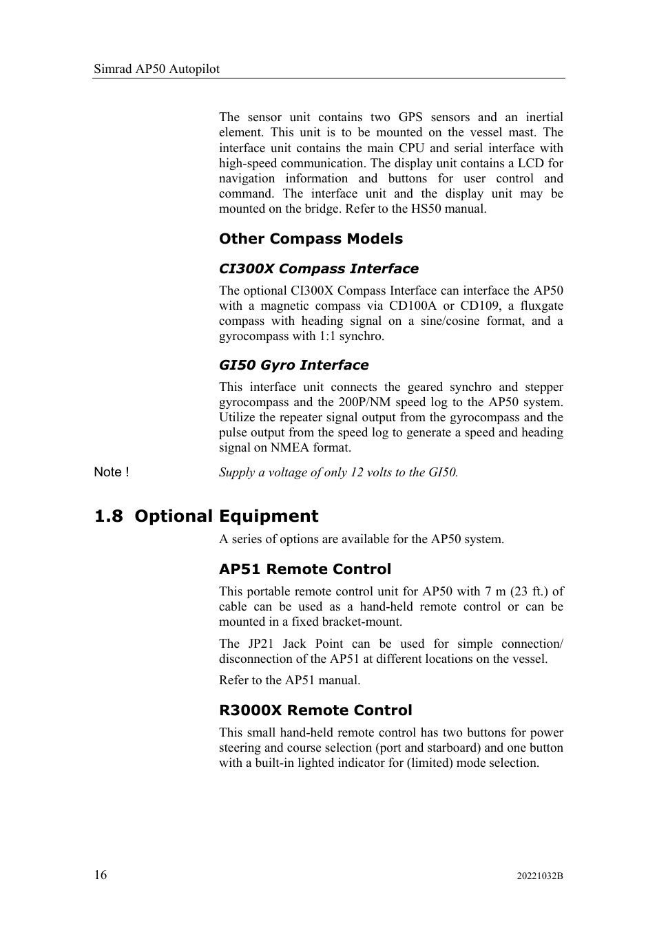 Other compass models, Optional equipment, Ap51 remote control | R3000x remote control, Ci300x compass interface gi50 gyro interface, 8 optional, Equipment, Ap51 remote control r3000x remote control, 8 optional equipment | Simrad AUTOPILOT SYSTEM AP50 User Manual | Page 18 / 188