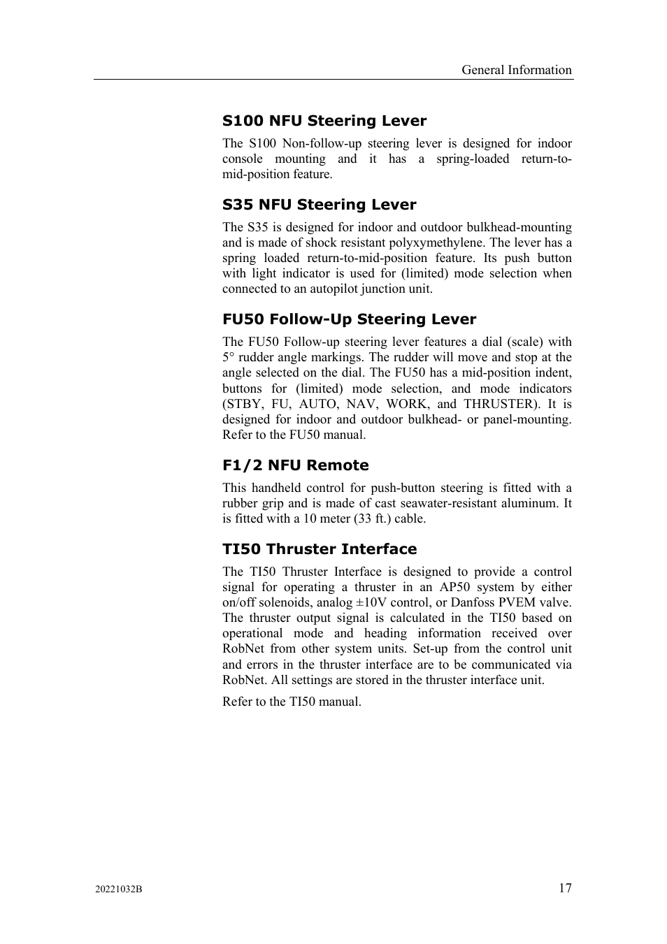 S100 nfu steering lever, S35 nfu steering lever, Fu50 follow-up steering lever | F1/2 nfu remote, Ti50 thruster interface | Simrad AUTOPILOT SYSTEM AP50 User Manual | Page 19 / 188