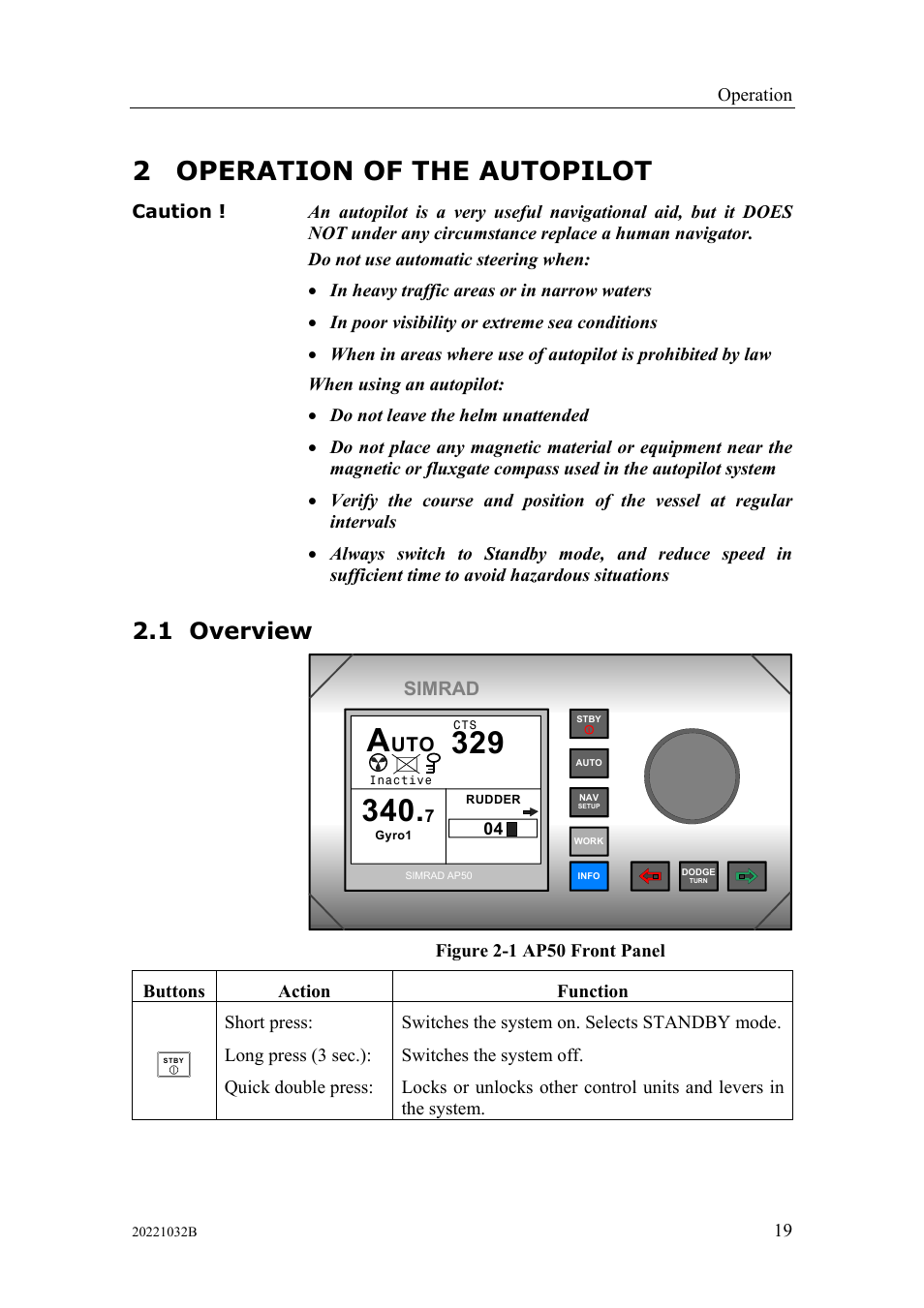 Operation of the autopilot, Overview, Operation of the autopilot 2.1 overview | 2 operation of the autopilot, 1 overview | Simrad AUTOPILOT SYSTEM AP50 User Manual | Page 21 / 188