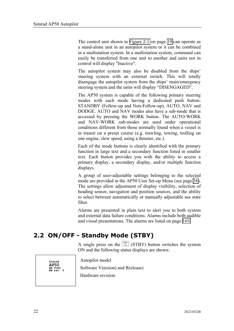 On/off - standby mode (stby), 2 on/off - standby mode (stby) | Simrad AUTOPILOT SYSTEM AP50 User Manual | Page 24 / 188