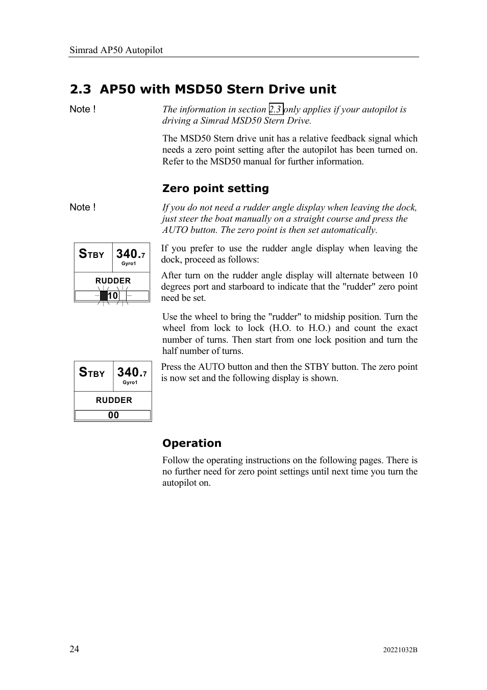 Ap50 with msd50 stern drive unit, Zero point setting, Operation | 3 ap50 with msd50 stern drive unit, Zero point setting operation | Simrad AUTOPILOT SYSTEM AP50 User Manual | Page 26 / 188