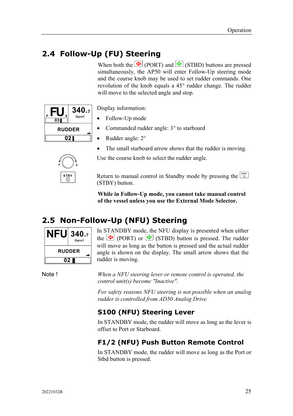 Follow-up (fu) steering, Non-follow-up (nfu) steering, S100 (nfu) steering lever | F1/2 (nfu) push button remote control, 4 follow-up (fu) steering, 5 non-follow-up (nfu) steering | Simrad AUTOPILOT SYSTEM AP50 User Manual | Page 27 / 188