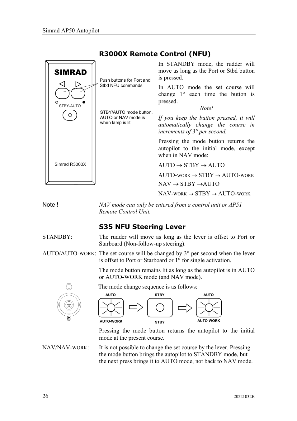 R3000x remote control (nfu), S35 nfu steering lever, R3000x remote control (nfu) s35 nfu steering lever | Simrad | Simrad AUTOPILOT SYSTEM AP50 User Manual | Page 28 / 188