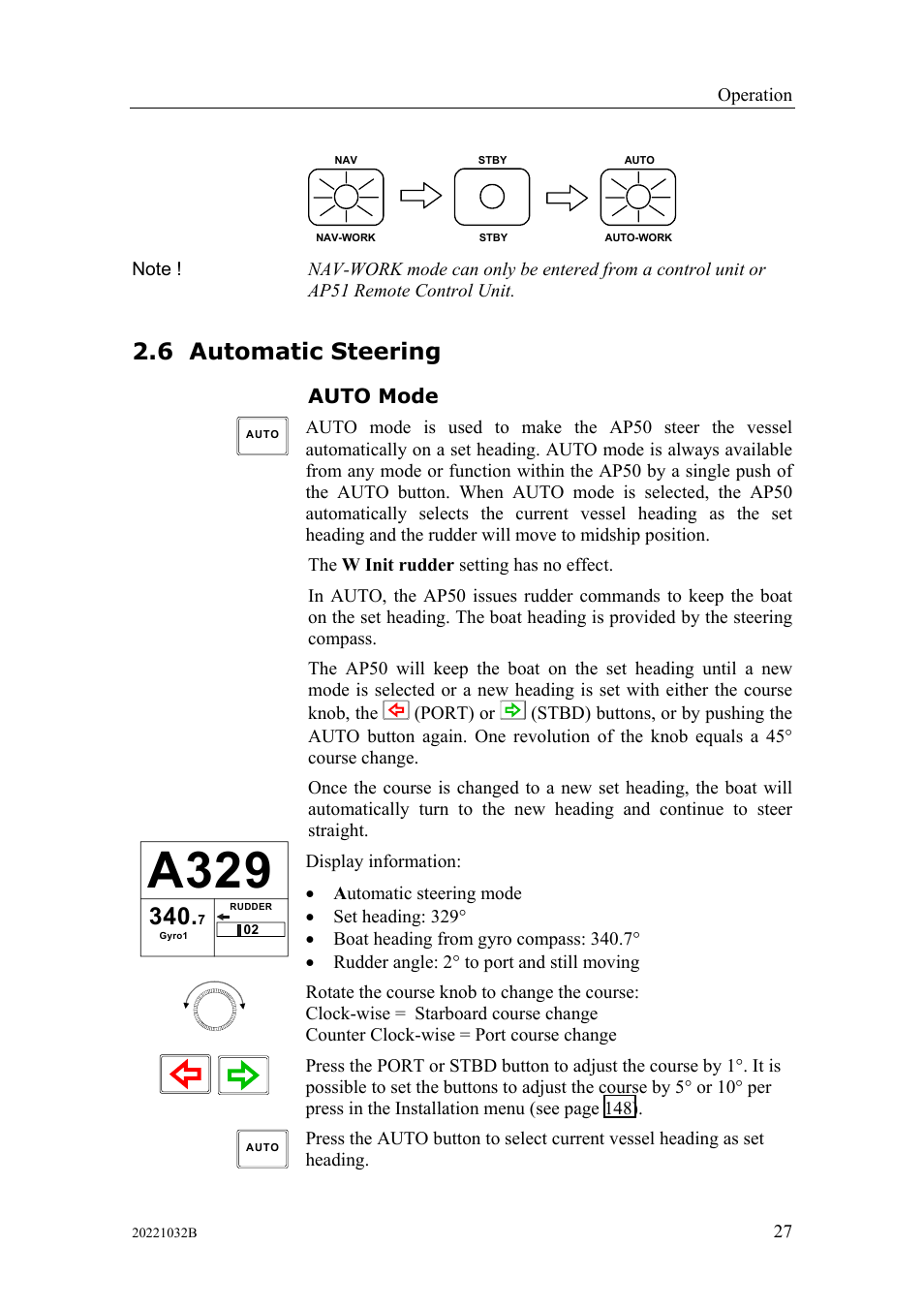 Automatic steering, Auto mode, 6 automatic | Steering, A329, 6 automatic steering | Simrad AUTOPILOT SYSTEM AP50 User Manual | Page 29 / 188