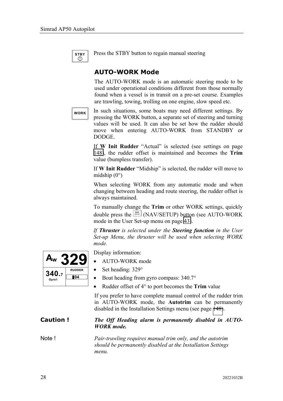 Auto-work mode, S345 | Simrad AUTOPILOT SYSTEM AP50 User Manual | Page 30 / 188