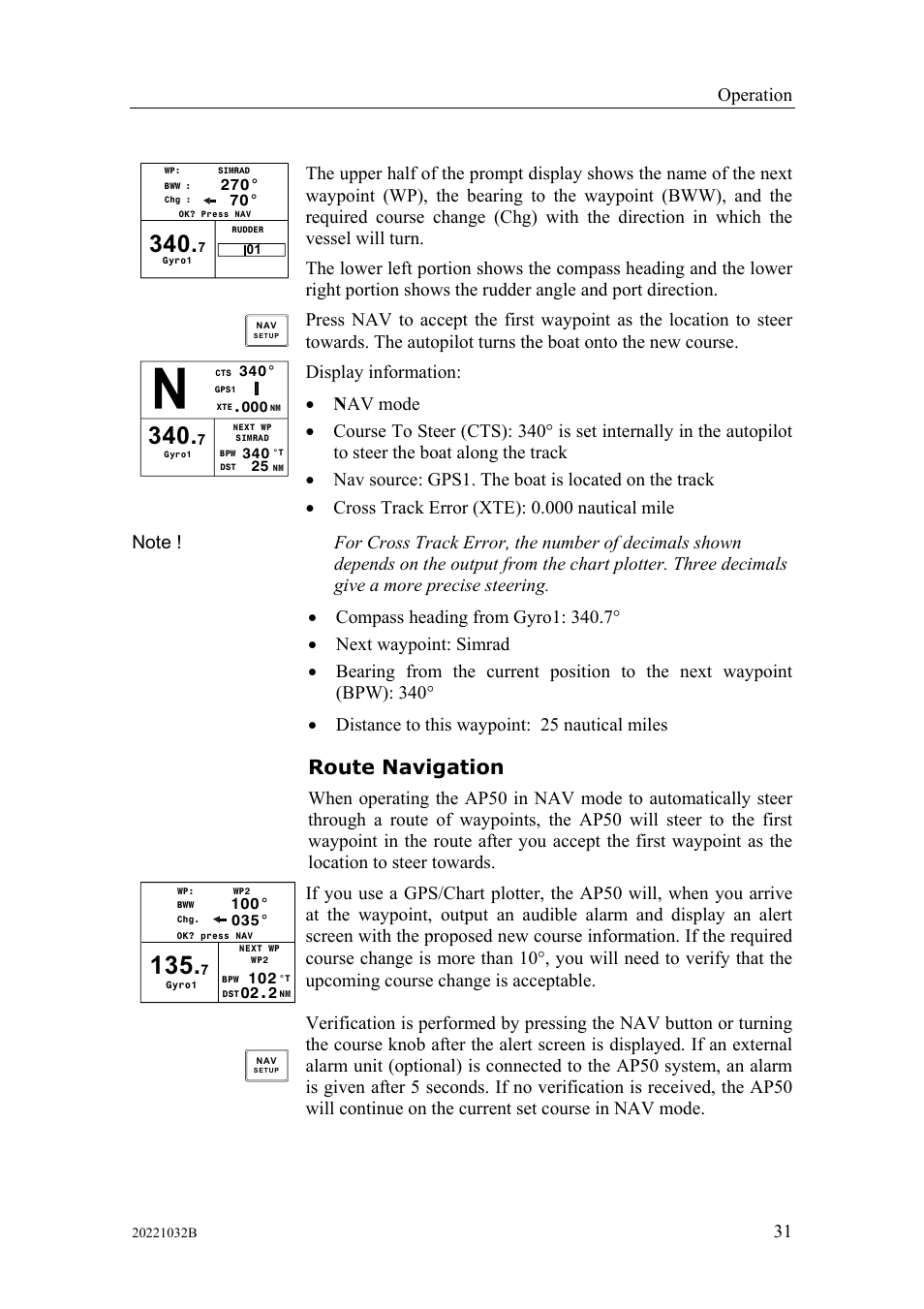 Route navigation, Operation | Simrad AUTOPILOT SYSTEM AP50 User Manual | Page 33 / 188