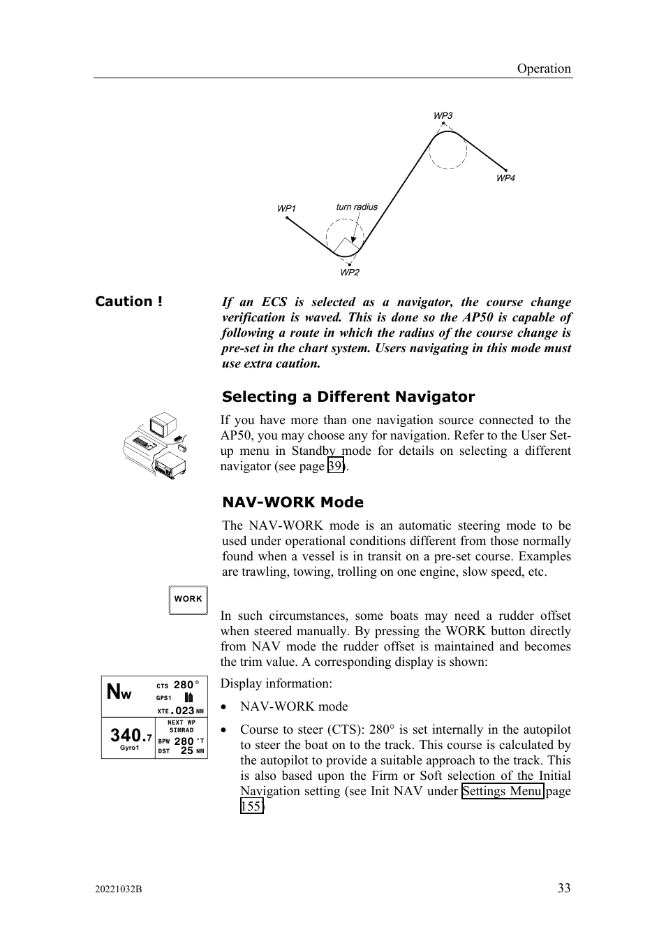 Selecting a different navigator, Nav-work mode, Selecting a different navigator nav-work mode | Simrad AUTOPILOT SYSTEM AP50 User Manual | Page 35 / 188