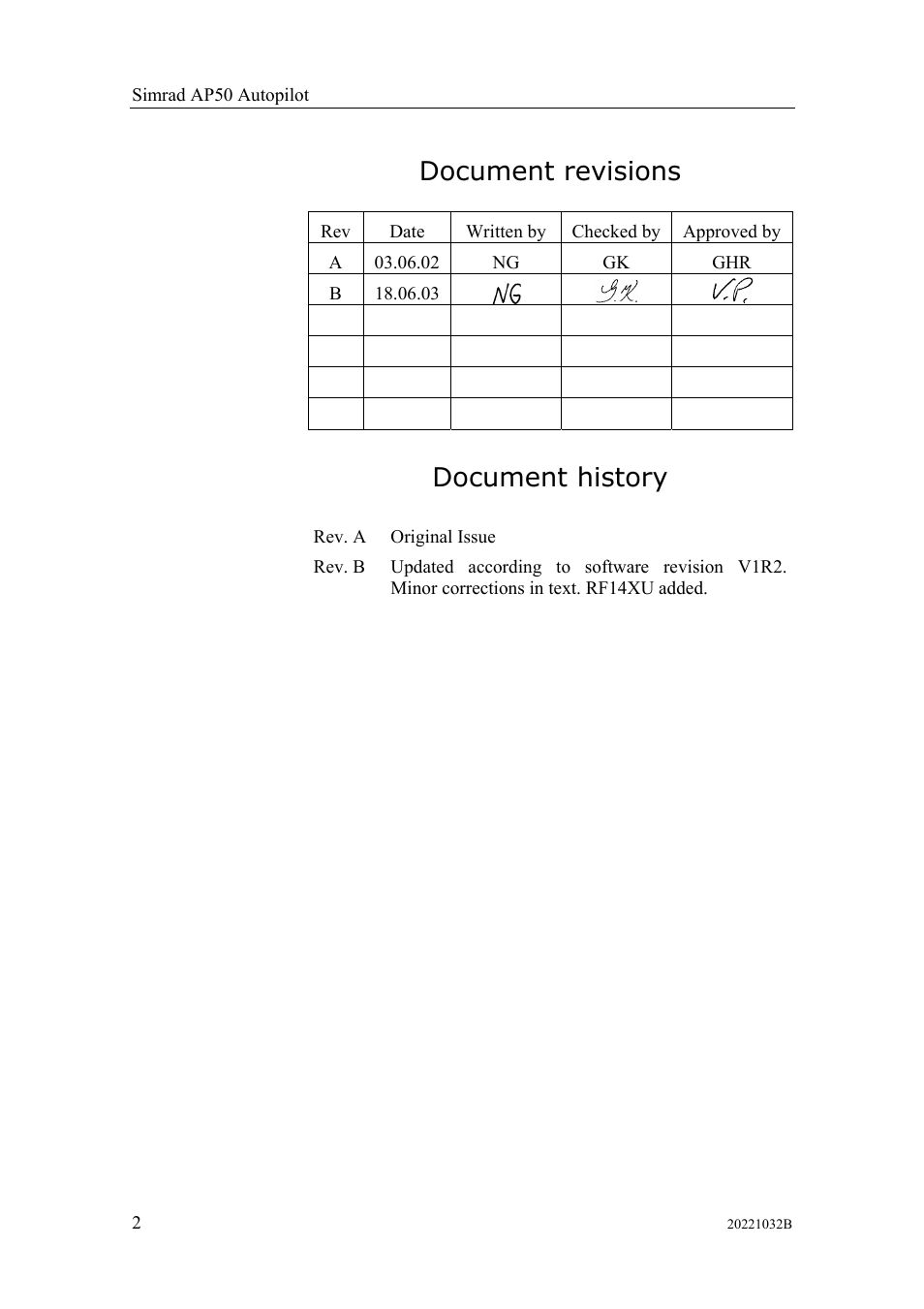 Front matter, Document revisions, Document history | Simrad AUTOPILOT SYSTEM AP50 User Manual | Page 4 / 188