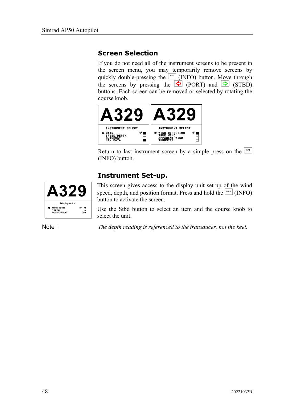 Screen selection, Instrument set-up, Screen selection instrument set-up | A329 | Simrad AUTOPILOT SYSTEM AP50 User Manual | Page 50 / 188