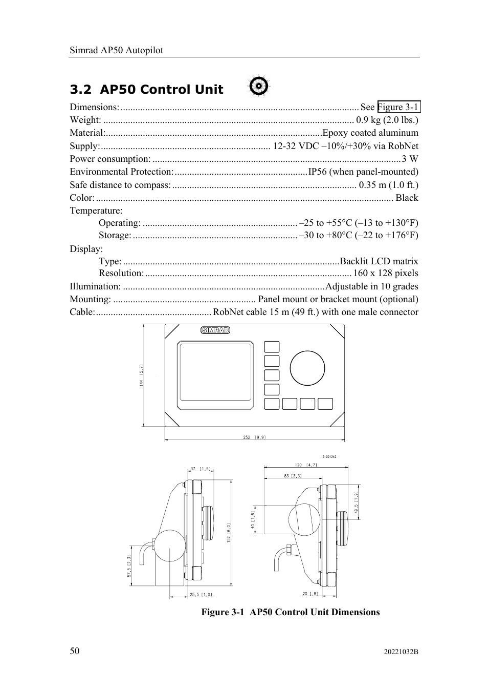 Ap50 control unit, 2 ap50 control unit | Simrad AUTOPILOT SYSTEM AP50 User Manual | Page 52 / 188