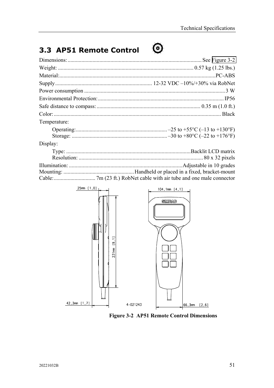 Ap51 remote control, 3 ap51 remote control | Simrad AUTOPILOT SYSTEM AP50 User Manual | Page 53 / 188
